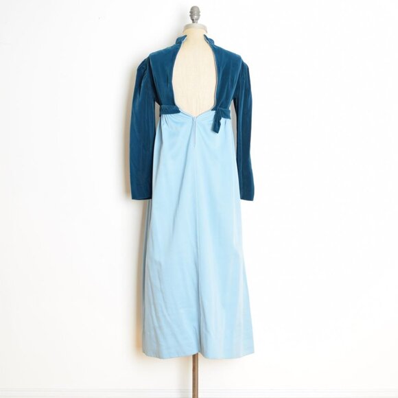 vintage 60s dress blue satin velvet Juliet babydoll empire regency puff maxi XS - Picture 6 of 8